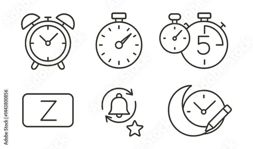 Line vector icons of timers and alarms: alarm clock, timer dial, snooze button, stopwatch, countdown icon, recurring alert, night mode, time edit.