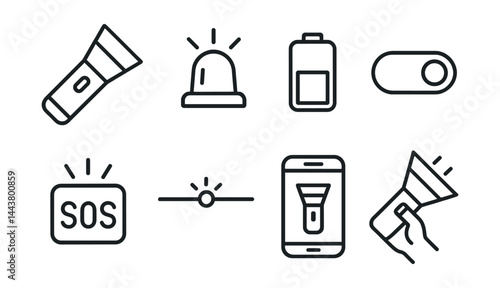 Line vector icons of flashlight tools: flashlight beam, strobe icon, battery indicator, toggle switch, SOS flash, brightness slider, flashlight app, hand-hold light.