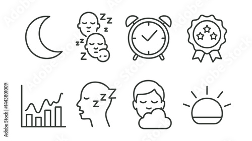 Line vector icons of sleep tracking: moon symbol, sleep stages, bedtime alarm, sleep score, sleep graph, snoring icon, deep sleep, wake-up light.
