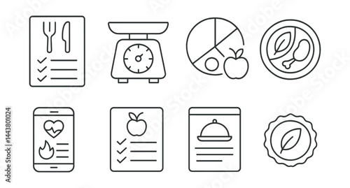 Line vector icons of diet and nutrition: meal plan, food scale, macro chart, healthy plate, calorie tracker, grocery list, recipe card, diet badge.
