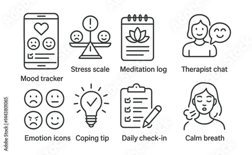 Line vector icons of mental health tools: mood tracker, stress scale, meditation log, therapist chat, emotion icons, coping tip, daily check-in, calm breath.