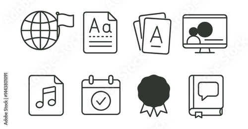 Line vector icons of language courses: flag globe, grammar icon, flashcards, lesson video, audio file, daily goal, achievement badge, phrasebook.
