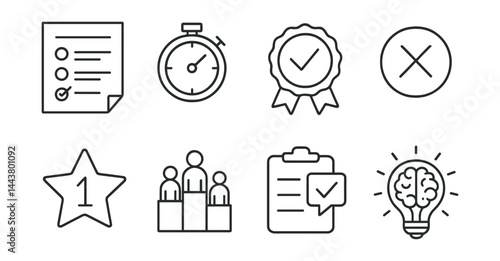 Line vector icons of educational quizzes: quiz sheet, timer icon, correct badge, wrong answer, point score, leaderboard, review icon, brain lightbulb.