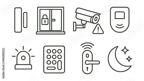 Line vector icons of smart home security: door sensor, window lock, camera alert, motion detector, alarm bell, keypad entry, smart lock, night mode.
