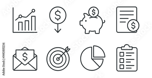 Line vector icons of budgeting apps: spending chart, income source, savings tracker, recurring bill, envelope budget, goal target, pie diagram, cost breakdown.