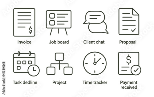 Line vector icons of freelance tools: invoice sheet, job board, client chat, proposal file, task deadline, project icon, time tracker, payment received.