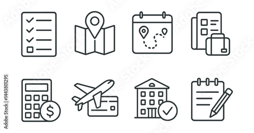 Line vector icons of travel planner apps: trip list, destination pin, itinerary icon, packing checklist, travel budget, flight info, hotel booking, travel notes.