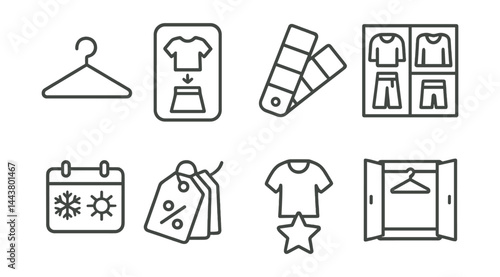 Line vector icons of virtual wardrobe apps: hanger icon, outfit planner, color matcher, wardrobe grid, seasonal filter, clothing tags, style rating, closet view.