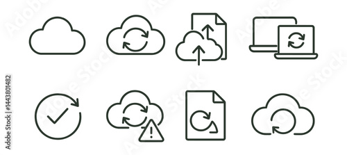 Line vector icons of cloud sync tools: cloud icon, sync arrows, upload file, device link, sync status, conflict alert, file backup, restore option.