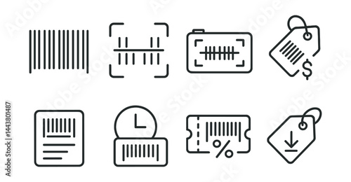 Line vector icons of barcode scanning tools: barcode icon, scan lines, camera view, item price, product info, scan history, discount code, save tag.