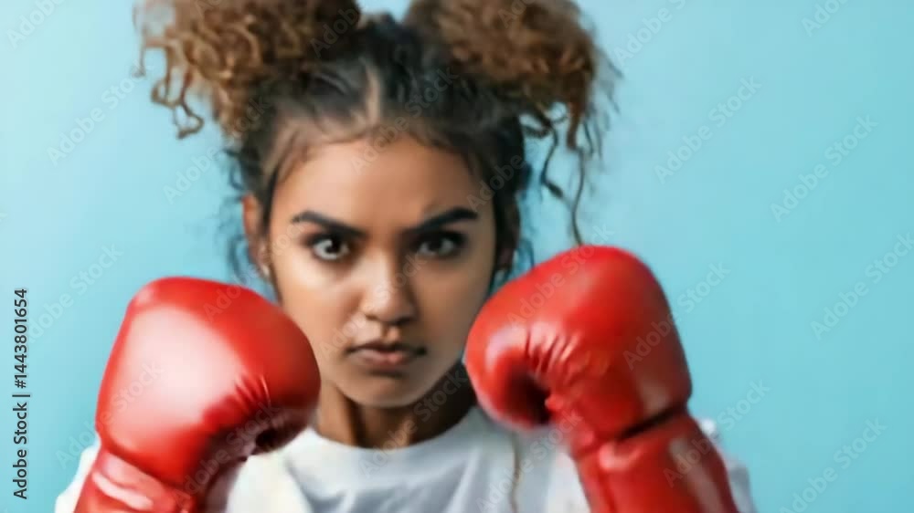 Young woman with curly hair wearing red boxing gloves and white shirt in sport action Young woman with curly hair wearing red boxing gloves and white shirt in sport action