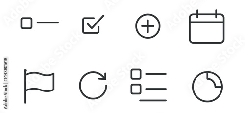 Line vector icons of to-do list apps: task item, completed check, add task, due date, priority flag, recurring task, subtask icon, progress circle.