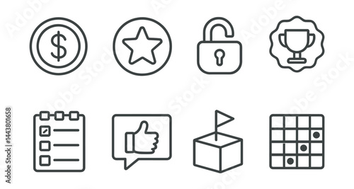 Line vector icons of parental rewards systems: coin reward, progress star, unlock icon, badge trophy, behavior tracker, praise comment, goal box, point chart.