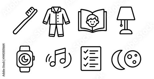 Line vector icons of kids bedtime routines: toothbrush icon, pajama symbol, bedtime story, night lamp, sleep tracker, lullaby sound, bedtime chart, moon phase.