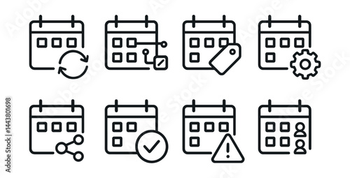 Line vector icons of smart calendar integrations: synced icon, connected apps, meeting tag, automated entry, calendar share, event status, conflict alert, invite list.