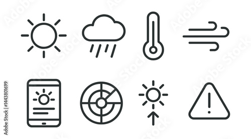 Line vector icons of weather apps: sun icon, rain cloud, temperature gauge, wind speed, hourly forecast, radar map, UV index, weather alert.