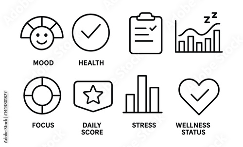 Line vector icons of wellbeing dashboards: mood meter, health circle, activity log, sleep graph, focus ring, daily score, stress bar, wellness status.