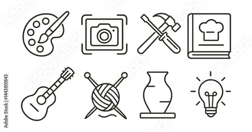 Line vector icons of creative hobby apps: art icon, camera frame, DIY tools, recipe book, instrument icon, knitting needle, pottery icon, idea bulb.