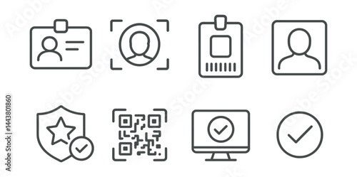 Line vector icons of digital ID tools: ID card, face scan, barcode pass, profile photo, secure badge, QR credential, access granted, verify icon.