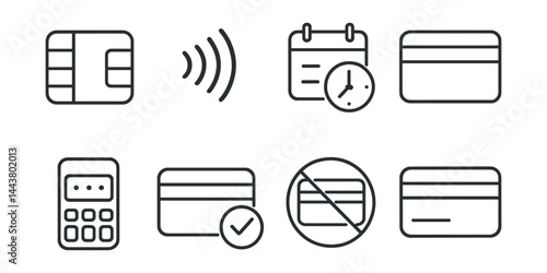 Line vector icons of credit card features: credit card chip, contactless symbol, expiration date, magnetic stripe, CVV entry, credit approval, card block, cardholder name.
