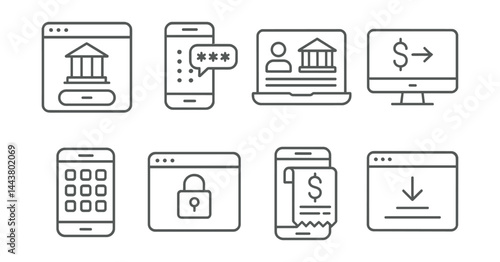 Line vector icons of internet banking: bank login, OTP screen, account overview, desktop payment, service menu, secure browser, online receipt, download report.