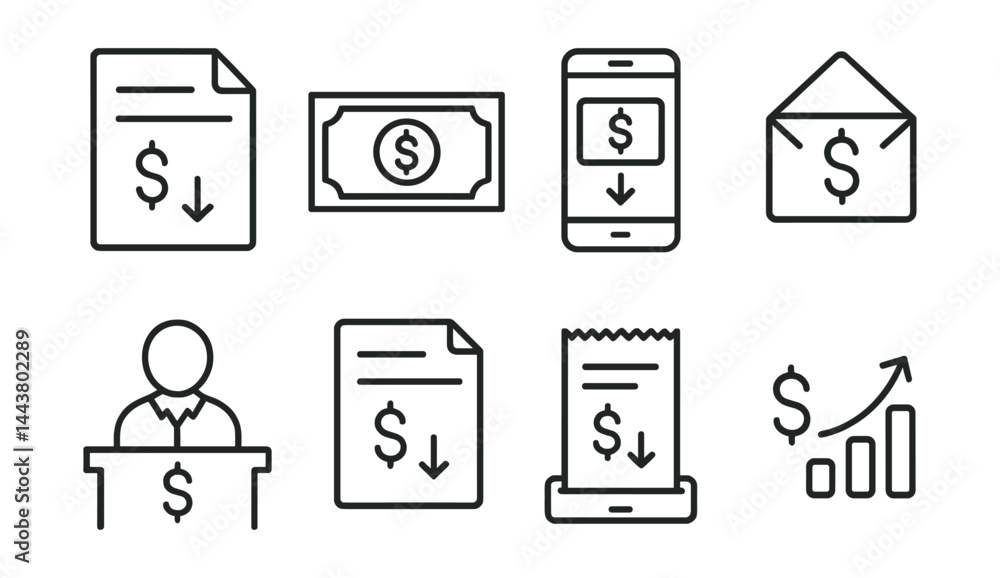 Line vector icons of money deposit: deposit form, cash icon, mobile check deposit, deposit envelope, bank teller, deposit slip, receipt print, balance update. Line vector icons of money deposit: deposit form, cash icon, mobile check deposit, deposit envelope, bank teller, deposit slip, receipt print, balance update.