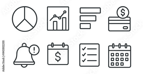 Line vector icons of budget tracking: budget pie chart, planned vs actual, category bars, spending limit, alert bell, daily budget, expense list, monthly view.