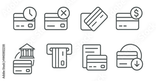 Line vector icons of debit card tools: daily limit icon, transaction denial, debit swipe, card balance, card linked account, ATM use, payment log, withdrawal icon.