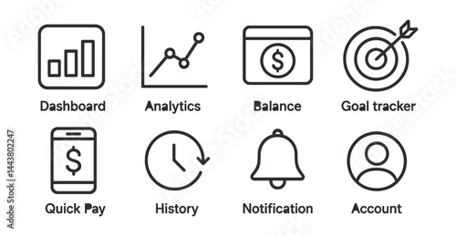 Line vector icons of financial app features: dashboard icon, analytics tab, balance widget, goal tracker, quick pay, history icon, notification icon, account ring.