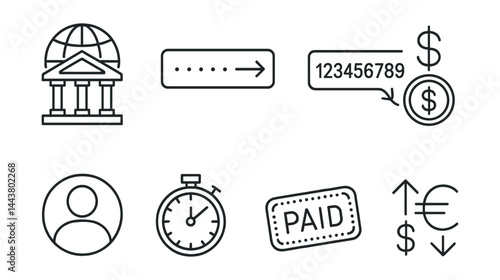 Line vector icons of wire transfer: international bank icon, SWIFT code field, routing number, transfer fee, beneficiary icon, transfer timer, digital stamp, currency arrows.