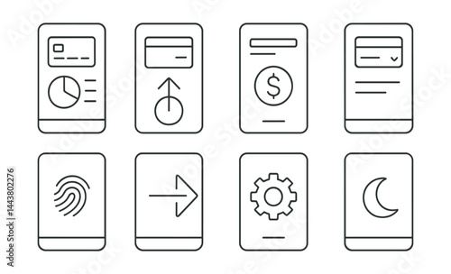 Line vector icons of banking app screens: dashboard view, send money screen, quick loan tab, account switcher, fingerprint login, logout option, app settings, dark mode toggle.