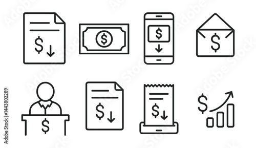 Line vector icons of money deposit: deposit form, cash icon, mobile check deposit, deposit envelope, bank teller, deposit slip, receipt print, balance update.