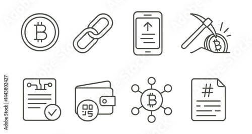 Line vector icons of blockchain payment: crypto coin icon, blockchain link, digital transaction, mining icon, smart contract, wallet address, crypto network, transaction hash.