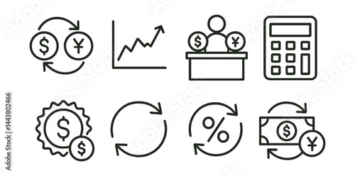 Line vector icons of currency exchange: dollar to yen, currency chart, exchange desk, calculator icon, exchange fee, arrows icon, rate refresh, cash conversion.