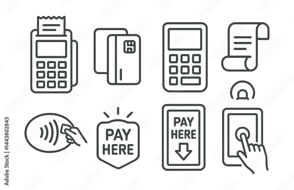 Line vector icons of payment terminals: POS machine, chip card reader, keypad screen, receipt roll, contactless icon, light indicator, pay here icon, tap screen. Line vector icons of payment terminals: POS machine, chip card reader, keypad screen, receipt roll, contactless icon, light indicator, pay here icon, tap screen.
