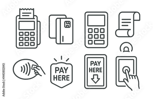Line vector icons of payment terminals: POS machine, chip card reader, keypad screen, receipt roll, contactless icon, light indicator, pay here icon, tap screen.