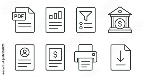 Line vector icons of bank statements: PDF icon, monthly report, transaction filter, bank logo, account detail, statement preview, print option, download icon.