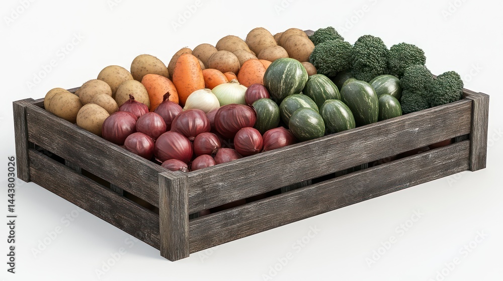 A wooden crate filled with fresh vegetables including potatoes onions squash and broccoli f A wooden crate filled with fresh vegetables including potatoes onions squash and broccoli f