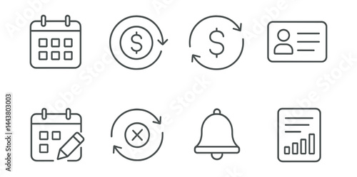 Line vector icons of recurring payments: calendar icon, auto debit, payment cycle, subscription icon, edit schedule, cancel recurring, notification icon, summary report.