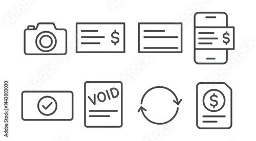 Line vector icons of mobile check deposit: camera icon, front of check, back of check, deposit preview, success banner, void label, processing icon, deposit limit.