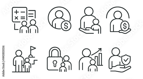 Line vector icons of family finance: household budget, shared account, allowance icon, spending cap, family goals, parental control, financial chart, co-sign option.