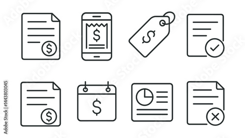 Line vector icons of expense reporting: report sheet, receipt scan, category tag, approval icon, reimbursement form, expense calendar, summary view, rejection icon.