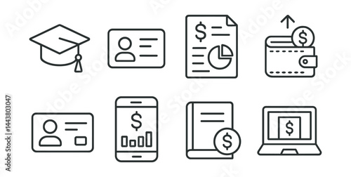 Line vector icons of student banking: graduation cap, student ID, monthly budget, allowance tracker, student card, app dashboard, study expense, loan application.
