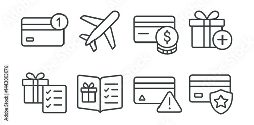 Line vector icons of credit card rewards: points icon, travel rewards, cashback tier, bonus icon, reward history, redemption catalog, offer alert, loyalty status.