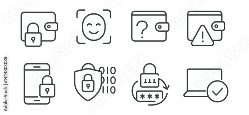 Line vector icons of online wallet security: lock icon, face ID, security question, suspicious activity alert, login alert, encryption icon, reset password, trusted device.