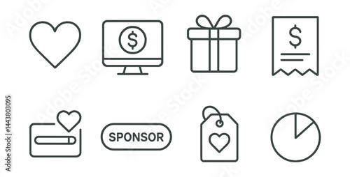 Line vector icons of donation payments: heart icon, charity account, recurring gift, donation receipt, donation bar, sponsor label, cause tag, total impact.