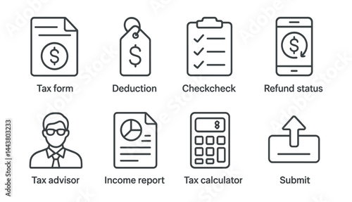 Line vector icons of tax preparation: tax form icon, deduction tag, filing checklist, refund status, tax advisor, income report, tax calculator, submit icon.