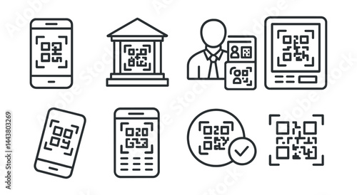 Line vector icons of QR-enabled banking: scan code, bank branch QR, identity verify, QR at ATM, mobile scan, scan-to-pay, QR status, dynamic QR.