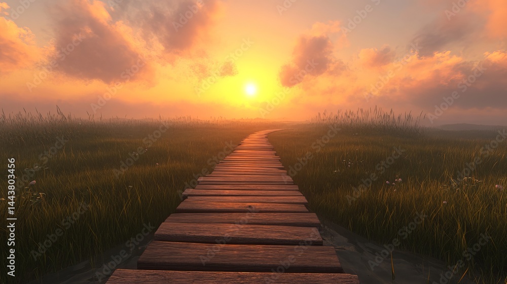 Fototapeta premium Scenic wooden pathway at sunset peaceful grassland landscape sky red art calm field quiet green image