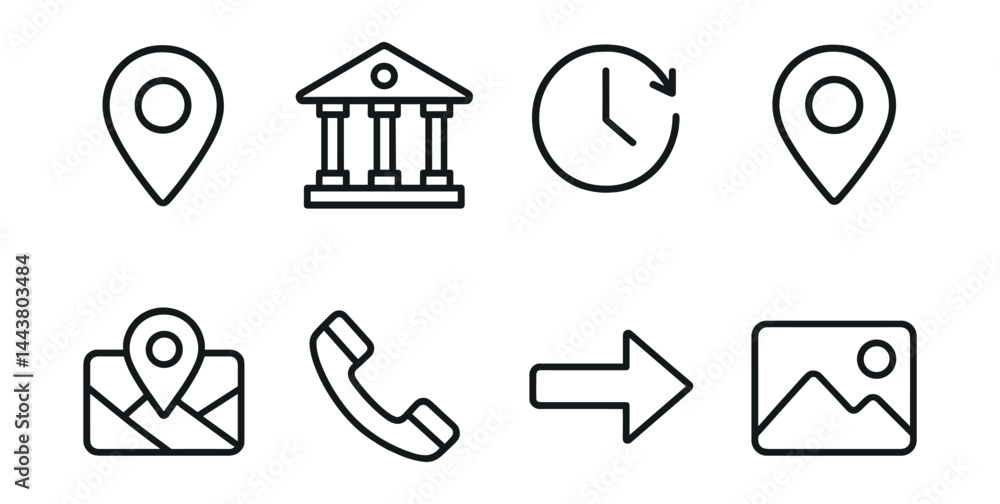 Line vector icons of bank branch finder: location pin, bank icon, open hours, nearest branch, map preview, call branch, directions icon, branch photo. Line vector icons of bank branch finder: location pin, bank icon, open hours, nearest branch, map preview, call branch, directions icon, branch photo.